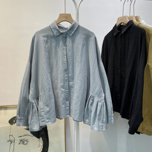 外贸日系原单大牌棉麻衬衫 减龄上衣 女春秋设计感小众荷叶边娃娃衫