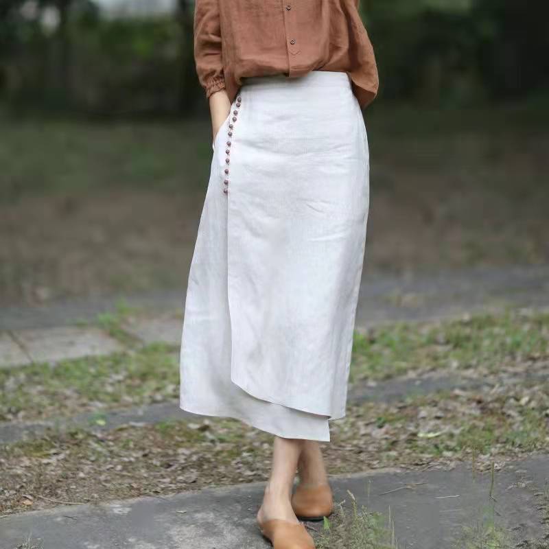 棉麻半身裙女春秋新款设计感小众气质不规则a字裙高级感中长裙潮