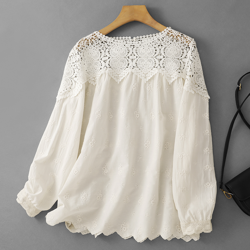 杏色蕾丝镂空衬衫女长袖2025早秋新款设计感小众上衣别致纯棉衬衣