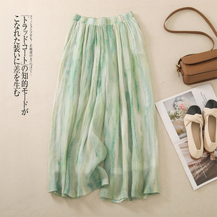 高端棉麻亚麻裤 复古天丝苎麻阔腿裤 扎染印花九分裙裤 薄款 子 女夏季