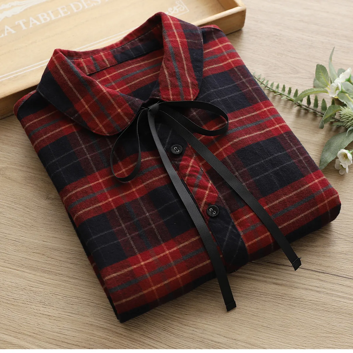 文艺复古格子系带衬衫女春秋宽松通勤百搭叠穿衬衣减龄娃娃领上衣