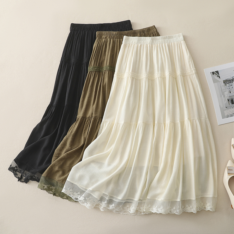 法式设计感蕾丝花边半身裙女夏季大码高腰气质拼接显瘦a字中长裙