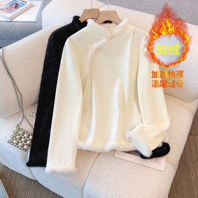 新中式国风加绒加厚改良旗袍衬衫女冬季斜襟盘扣保暖内搭打底上衣