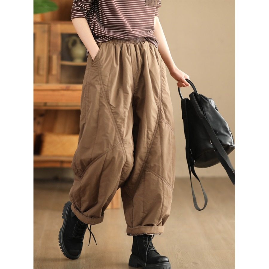 日系复古夹棉保暖羽绒棉裤女冬装松紧腰显瘦气质外穿休闲哈伦裤子