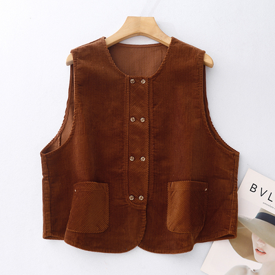 设计感双排扣灯芯绒马甲外套女春秋新款复古文艺叠穿坎肩背心上衣