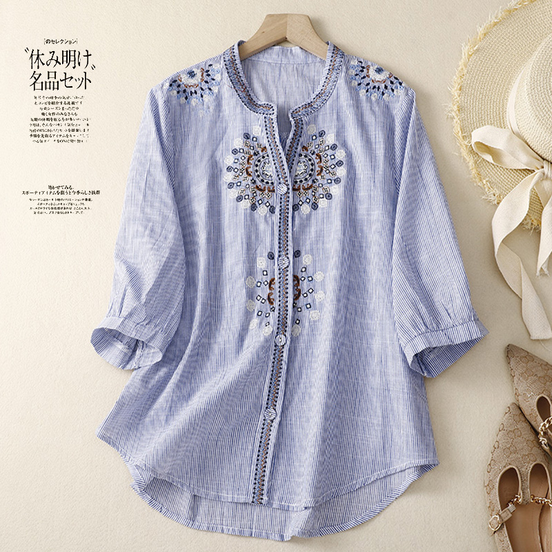 新中式国风刺绣条纹棉麻衬衫女夏季宽松遮肚子显瘦七分袖上衣小衫