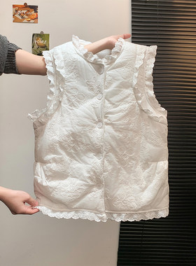 法式蕾丝刺绣无袖棉衣马甲背心女冬装甜美减龄叠穿夹棉保暖坎肩潮
