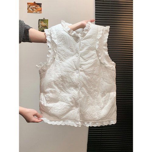 法式蕾丝刺绣无袖棉衣马甲背心女冬装甜美减龄叠穿夹棉保暖坎肩潮