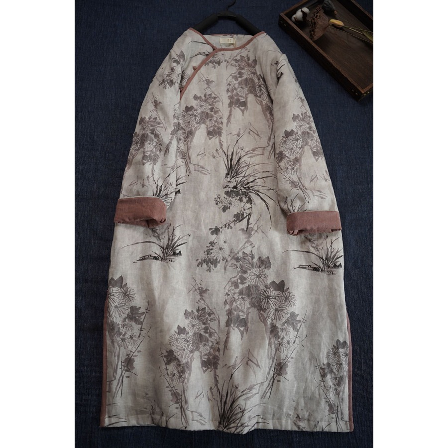中式国风禅意茶服保暖棉服女秋冬复古印花盘扣亚麻夹棉旗袍连衣裙