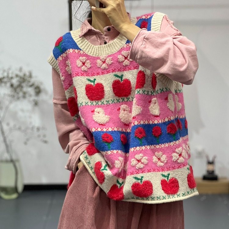 日系绣花马甲针织背心女秋冬外搭宽松慵懒风无袖坎肩叠穿毛衣马夹