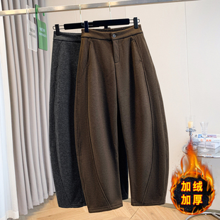 高腰加绒加厚保暖休闲弯刀裤 女冬季 子 胖mm复古毛呢香蕉阔腿裤 大码