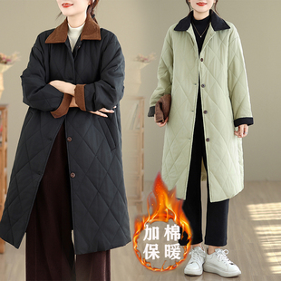 羽绒棉服外套女冬装时尚灯芯绒拼接菱格棉衣保暖中长款过膝大衣潮