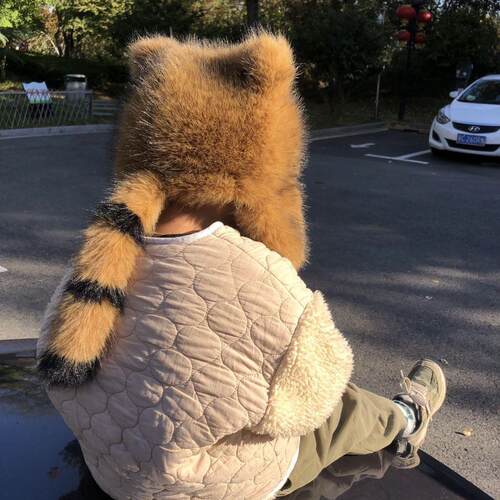 超萌爆款仿皮草美洲貉子毛小浣熊亲子帽网红加厚加绒保暖护耳帽潮