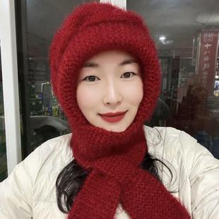 新款纯手工编织棋盘松鼠帽子风雪帽女士保暖针织一体围巾带帽子