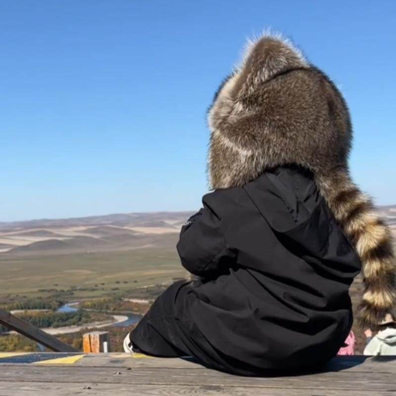 小浣熊帽子儿童貂毛尾巴护耳美洲皮草帽可爱防风保暖帽雷锋帽貉