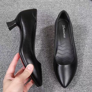 职业面试女鞋 空姐真皮鞋 正装 软底久站不累脚工作鞋 女黑色中跟工装