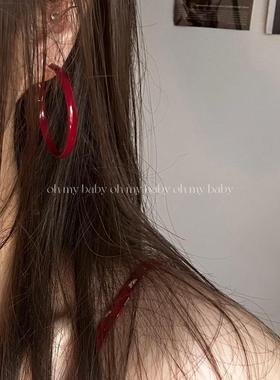 圆圈耳夹无耳洞可戴复古勃艮第红安可拉红色新年港风简约气质E711