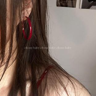 圆圈耳夹无耳洞可戴复古勃艮第红安可拉红色新年港风简约气质E711