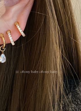 一套3只 蚊香盘耳夹无耳洞可戴金色圆圈水滴锆石高级气质百搭E860