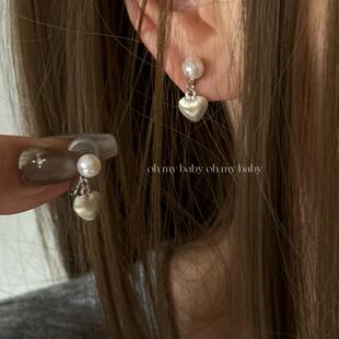 E672 拉丝小爱心珍珠耳饰韩风ins气质 蚊香盘耳夹 无耳洞可戴