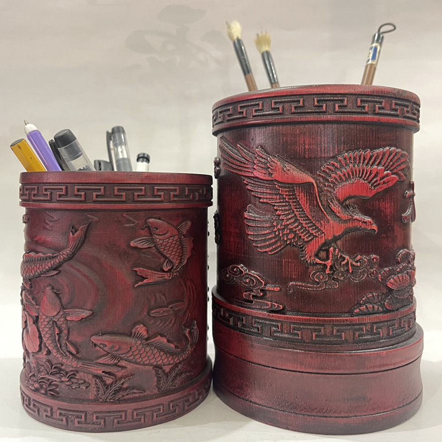 竹制笔筒时尚办公室家用雕刻桶摆件文房四宝文具浮雕创意复古