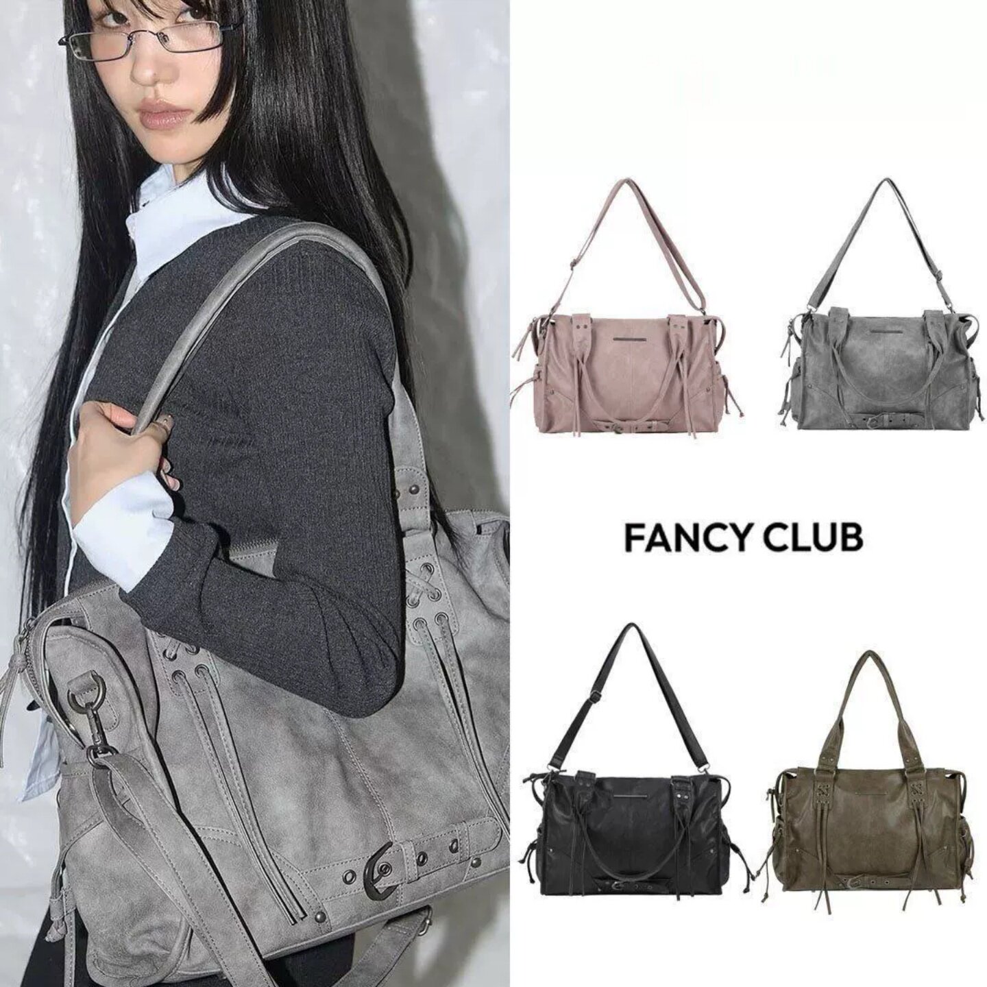 韩国fancy club包雪允同款单肩铆钉机车包大容量小众斜挎包托特包