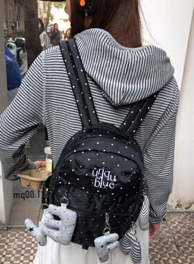 Unique blue甜美千禧氛围感抽绳银色波点背包精致学生双肩包女生