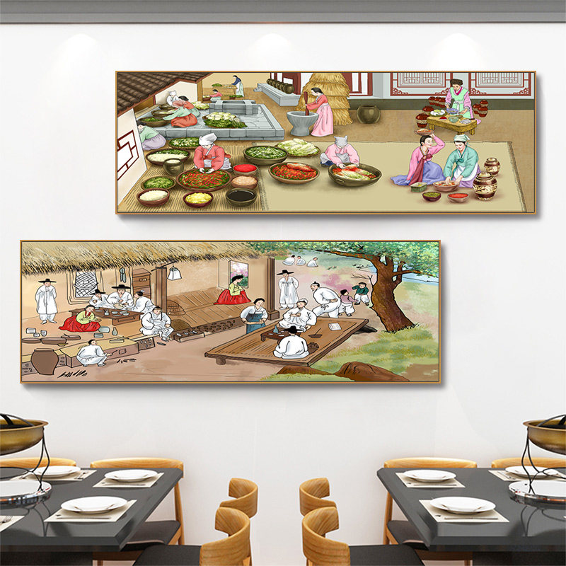 韩国饭店装饰画韩式餐厅料理烤肉店挂画朝鲜族打糕民俗文化墙壁画