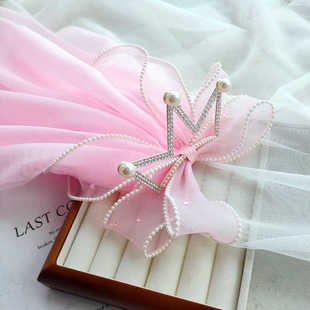 女童头纱公主发饰皇冠发夹儿童头顶生日拍照蝴蝶结花童女生头饰