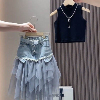 女童牛仔网纱裙背心两件套夏款潮