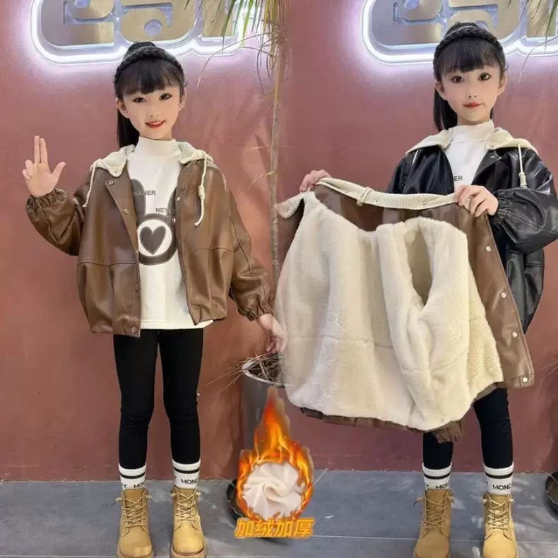 女童冬装连帽加绒加厚皮衣外套2025新款洋气中大童时尚皮夹克上衣