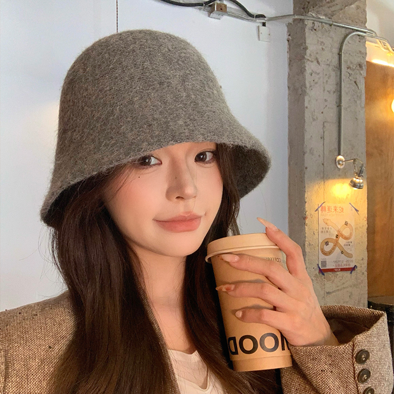 新款毛绒羊毛渔夫帽女秋冬季日系防寒保暖水桶帽子遮脸显脸小盆帽