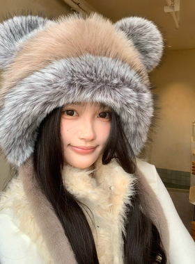 新款可爱小熊耳朵毛绒帽女秋冬季显脸小保暖加厚防寒护耳雷锋帽子