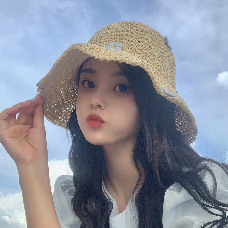 新款大檐日系遮阳帽女子夏季手工草帽防晒小花朵可爱百搭渔夫帽潮