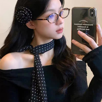 韩系氛围感~气质黑色波点丝巾长款飘带长条百搭细窄搭配小围巾