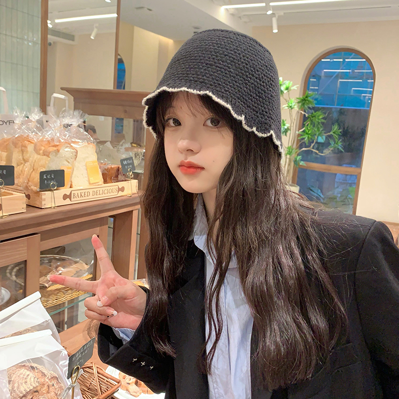 艾佳微花边针织毛线渔夫帽女潮