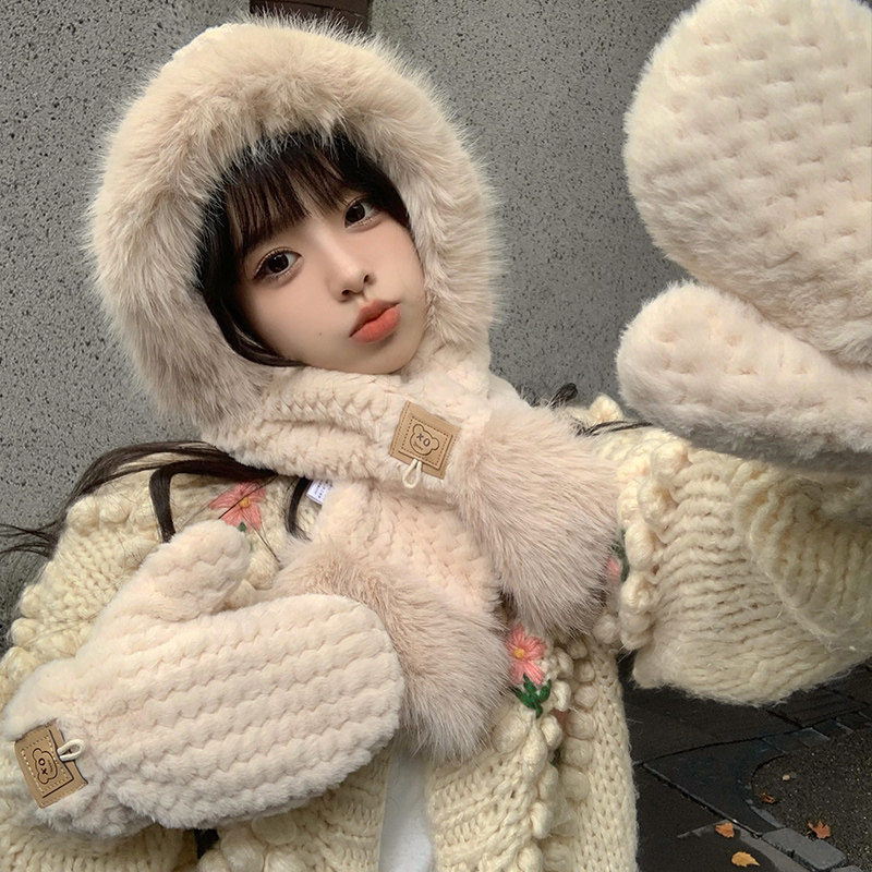 毛绒保暖小熊帽子女围巾手套一体秋冬防寒可爱骑车护耳帽百搭围脖,服饰配件/皮带/帽子/围巾,帽子,淘宝优惠券,粉丝福利购,淘宝优惠卷