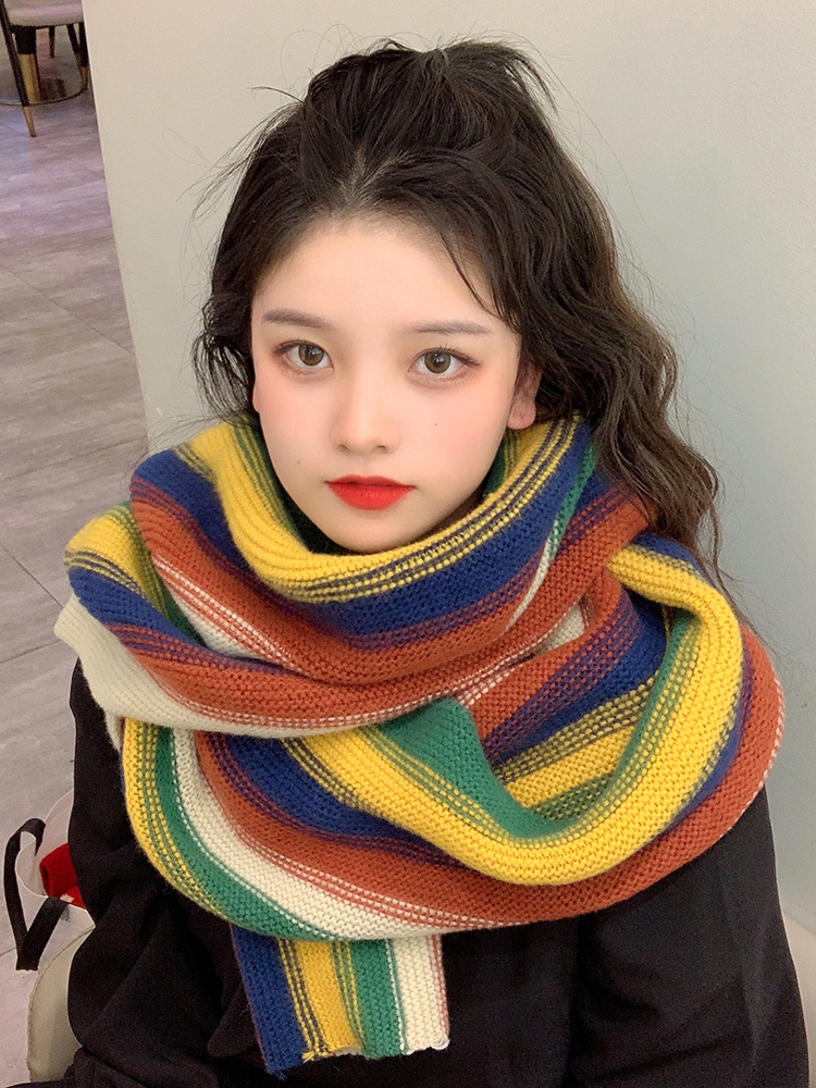 Rainbow gradient knitted scarf female winter wild Korean version ins cute girl wool contrast color scarf warm tide