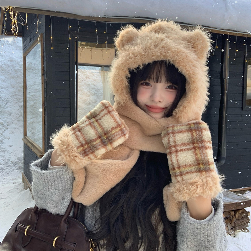 秋冬季女士小熊帽子围巾手套一体