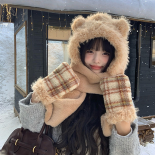 秋冬季女士小熊帽子围巾手套一体连帽围脖可爱保暖毛绒冬天三件套