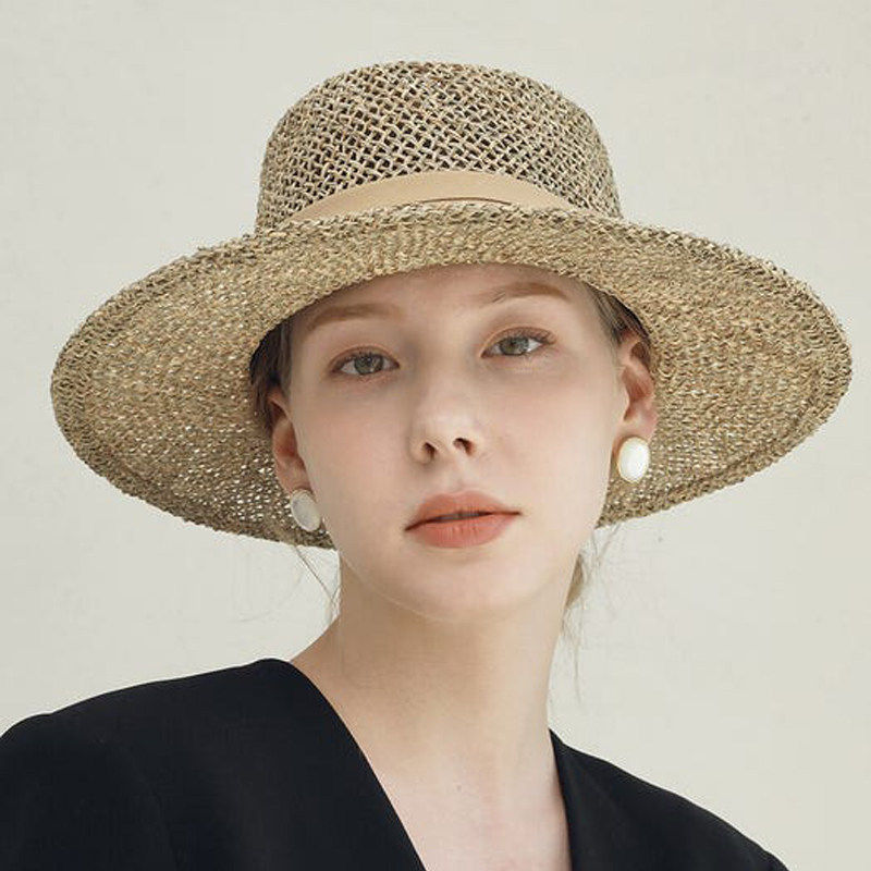 【英&middot;为你】老钱风咸草镂空法式平顶草帽女夏季大帽檐礼帽太阳帽