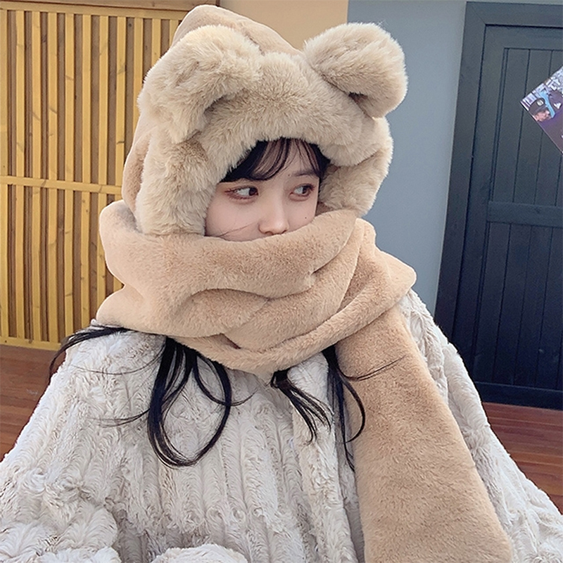 小熊帽子围巾一体保暖加厚护耳手套女秋冬季百搭潮骑车防风三件套