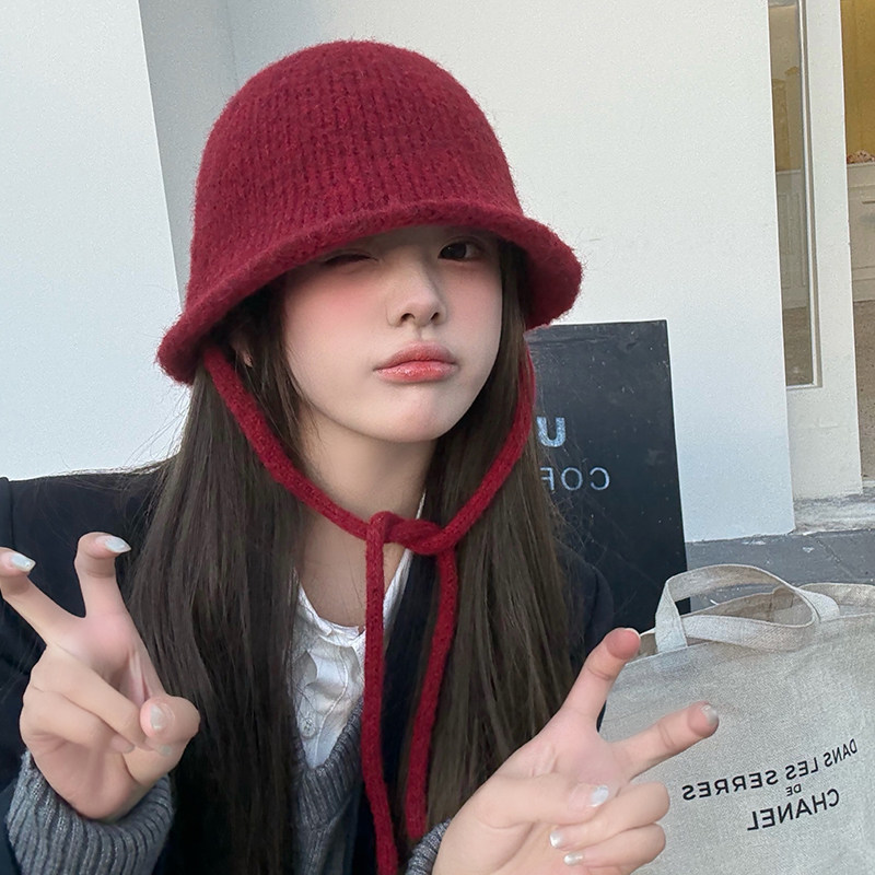 红色针织巴拉克拉法帽女秋冬季保