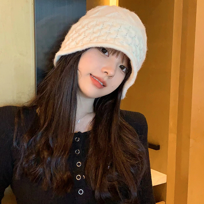 韩版手工显脸小纯色毛线帽子女秋冬保暖渔夫帽针织护耳水桶帽潮