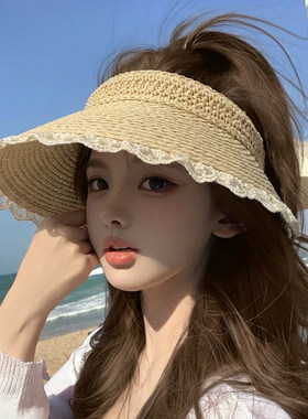 夏季大檐草编空顶蕾丝防晒帽女