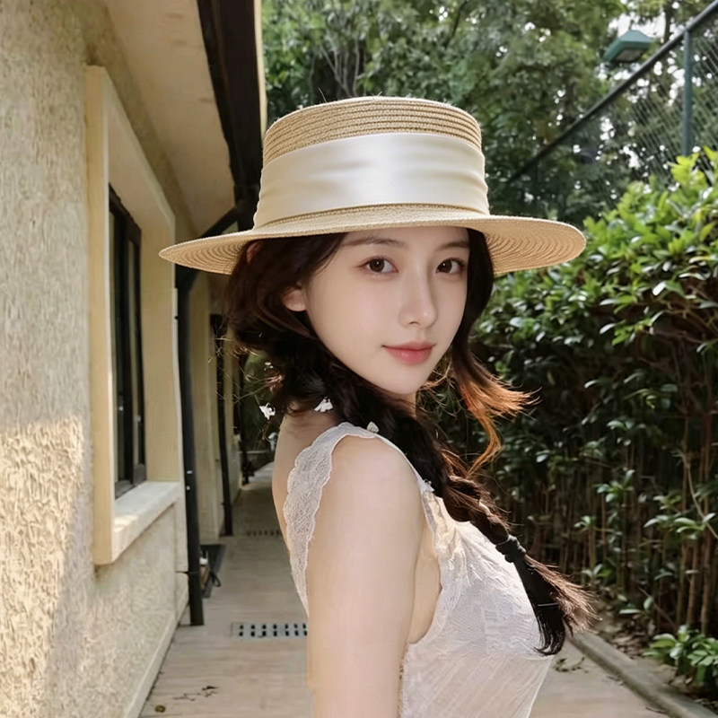 法式老钱风平顶草帽女夏季防晒