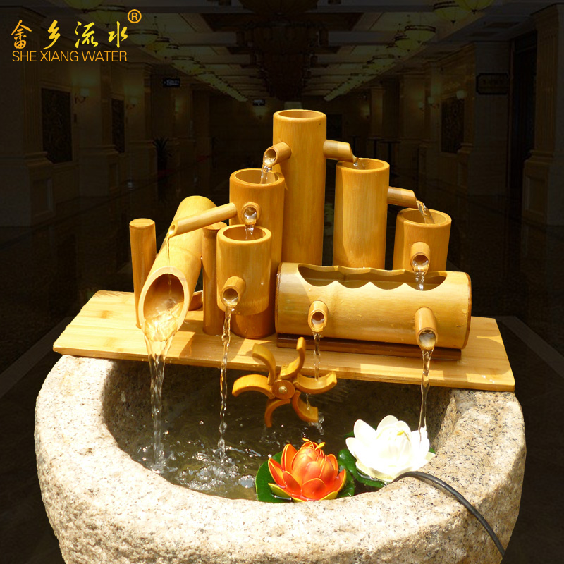 竹子流水器鱼养鱼缸水循环水车竹子风水轮招财造景竹人拉锯流水器