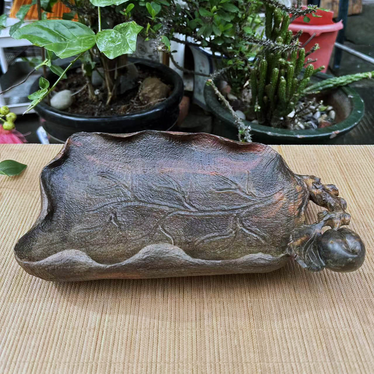 大红酸枝果盘桃叶盘红木交趾黄檀整木茶托摆件工艺礼品收藏实拍