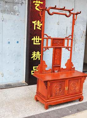 缅甸花梨木带柜落地衣帽架红木玄关门厅 实木客厅鞋柜衣帽架组合