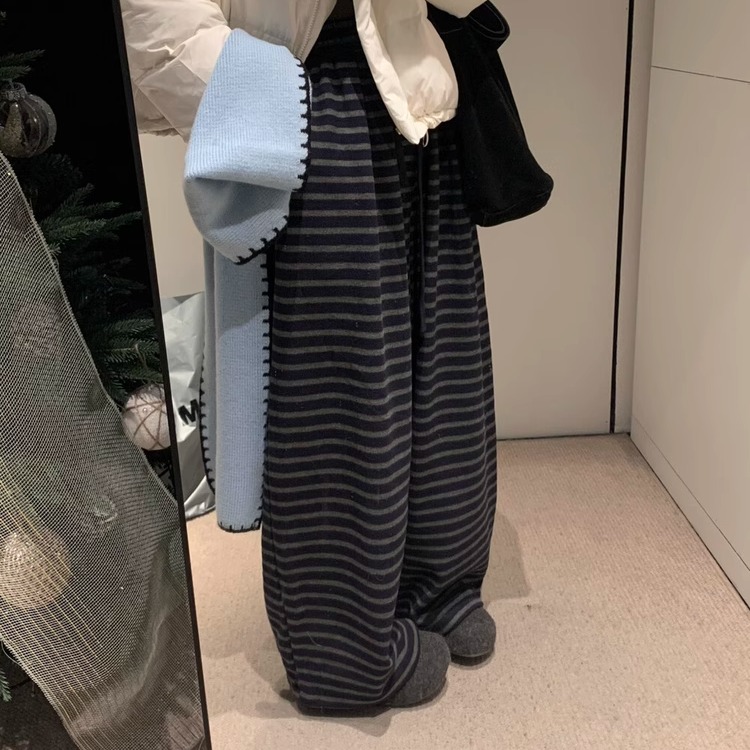 韩系氛围感小花裤~条纹阔腿裤
